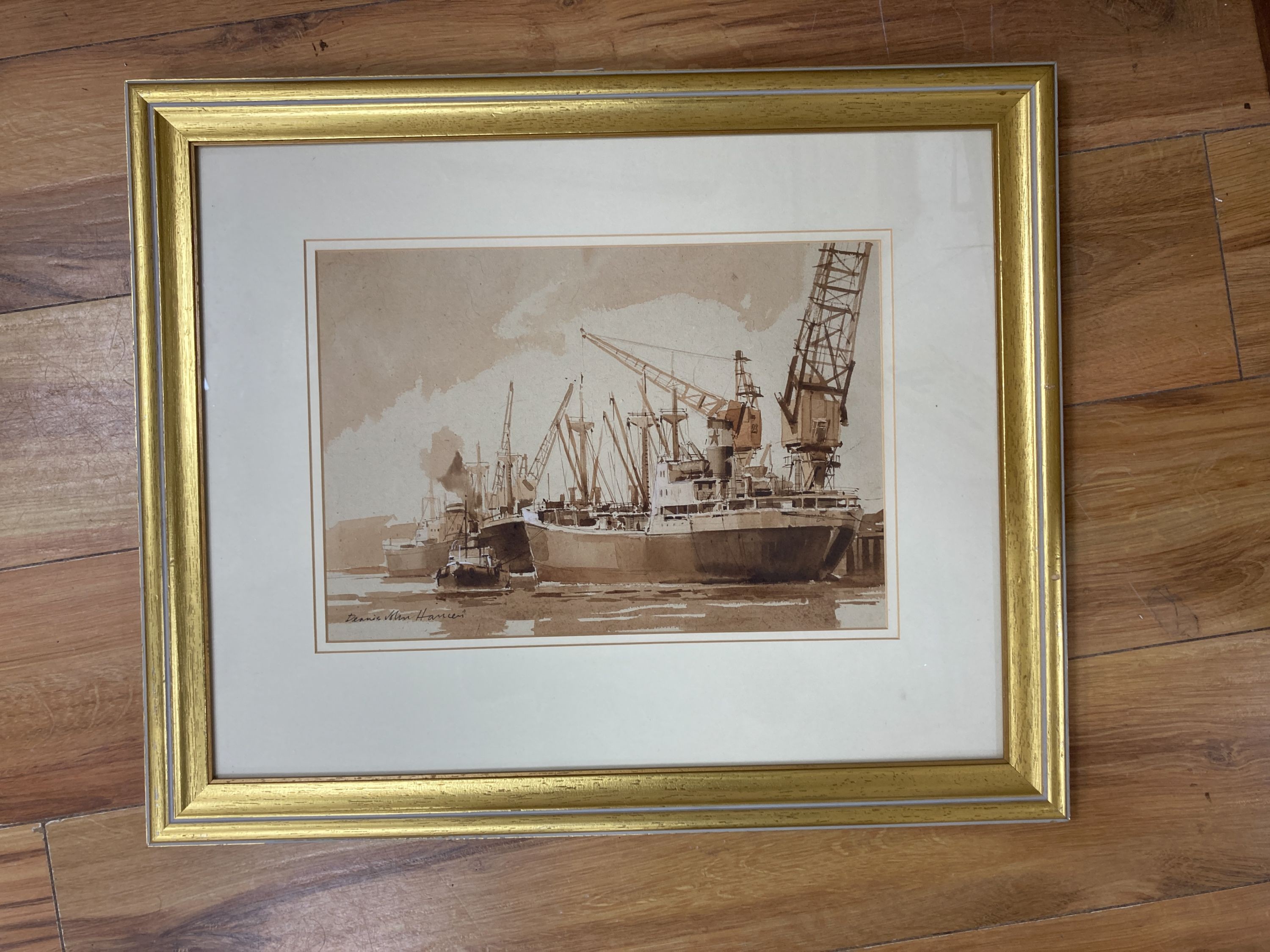 Dennis J Hanceri (1928-2011), R.S.M.A., watercolour, merchant ships in harbour, signed, 24 x 35cm.